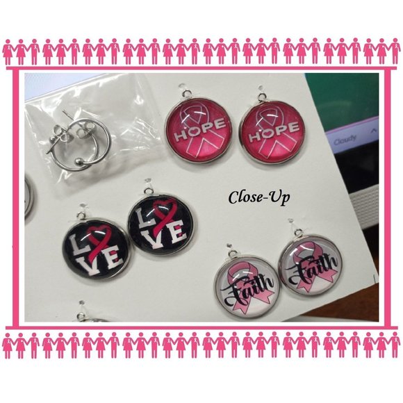 5/$20 Breast Cancer Awareness Interchangeable Charm Earrings-5 Pairs in Set - Picture 3 of 7